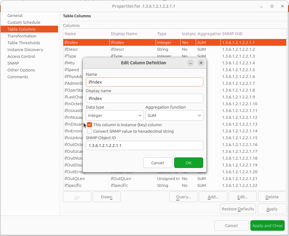 Instance column configuration